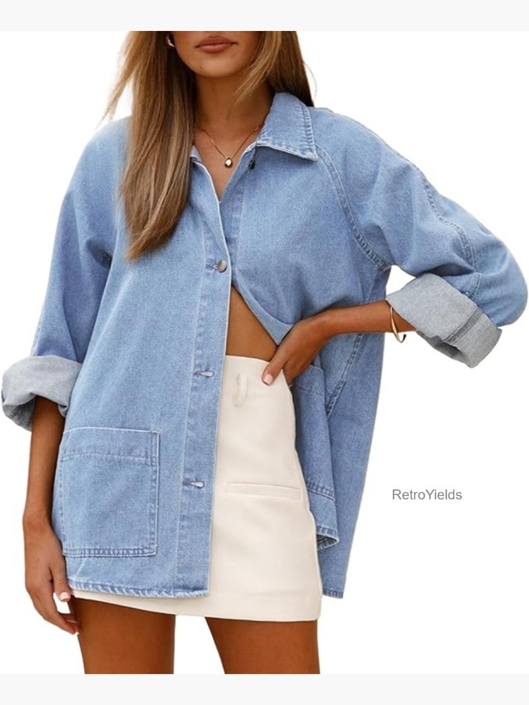 Long Sleeve Button Down Denim Shacket With Pockets